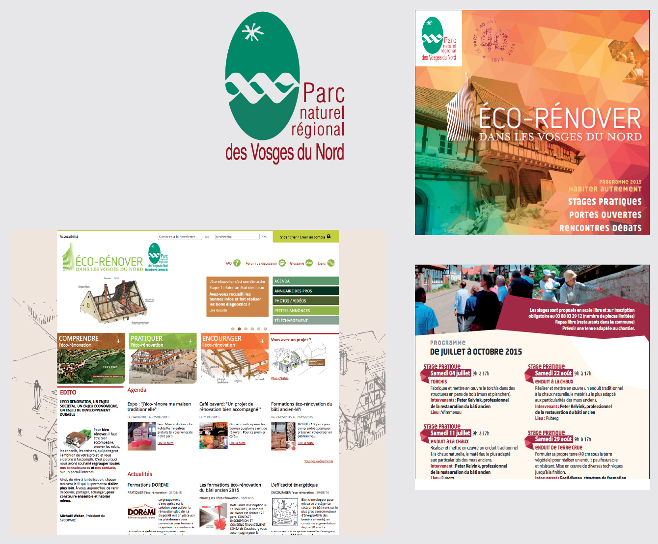 de nombreuses réalisations imprimés pour le Parc Naturel Régional des Vosges du Nord : affiche, carton d'invitation, programme d'eco-rénovation